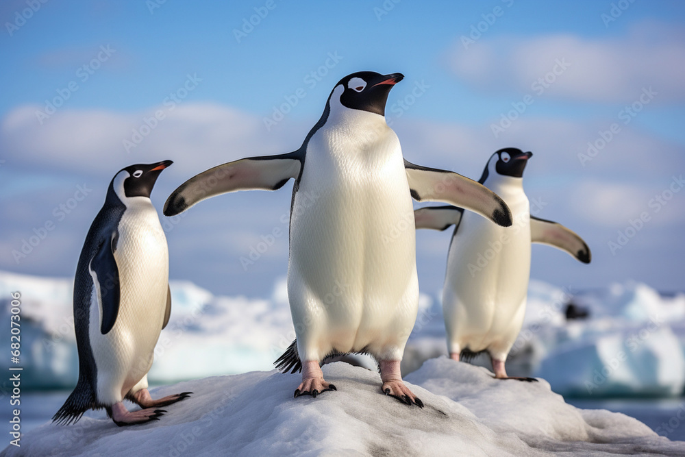 Obraz premium The group shot of a mature Antarctic penguin colony standing on ice rock near glaciers under clear blue sky. Generative AI.