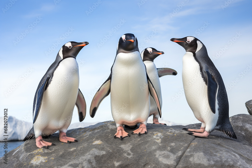 Obraz premium The group shot of a mature Antarctic penguin colony standing on ice rock near glaciers under clear blue sky. Generative AI.