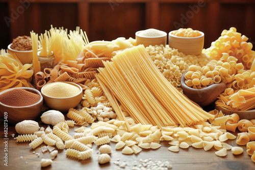 Still life with many different types of pasta. Pasta made from durum wheat of different colors and sizes. Large selection of pasta. photo