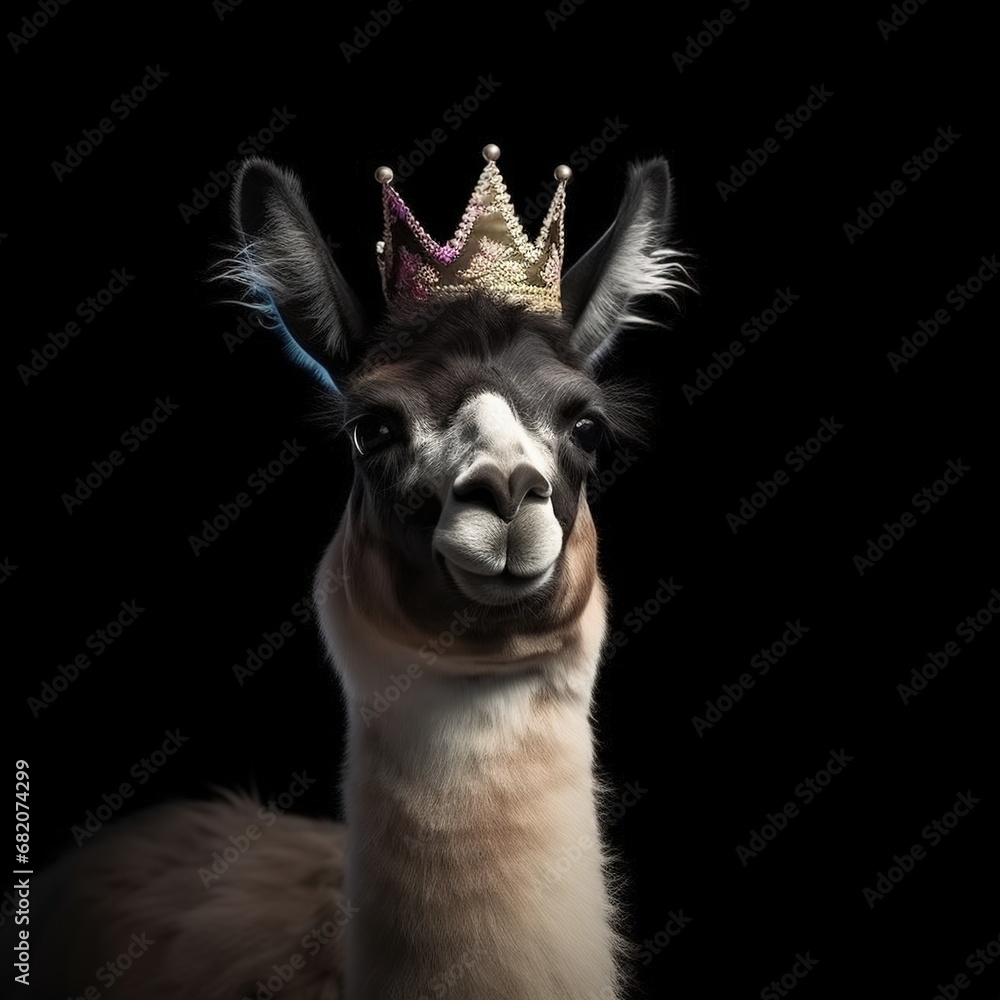 Naklejka premium Portrait of a majestic Llama with a crown