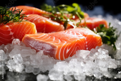 Chilled fish. Fresh salmon or trout fillet on ice. healthy eating concept.