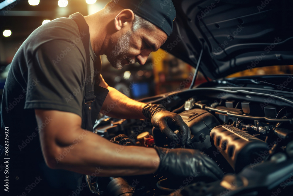 A mechanic in a workshop diagnoses and repairs the engine and car systems. Car repair and diagnostics in the garage. Modern car service. Brutal worker mechanic. A mechanic in a workshop diagnoses and repairs the engine and car systems. Car repair and diagnostics in the garage. Modern car service. Brutal worker mechanic.