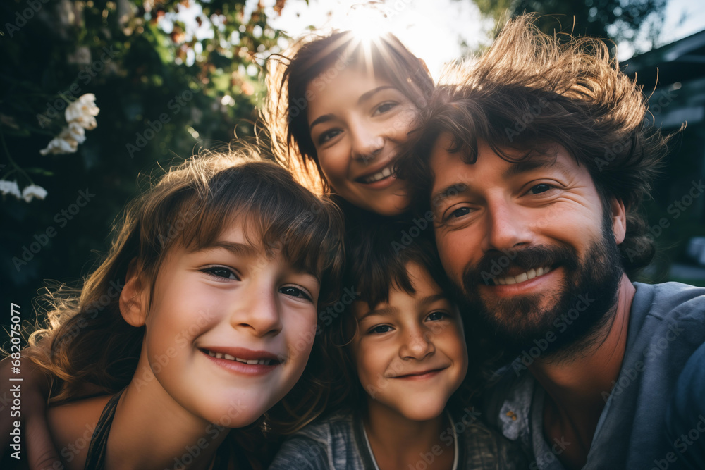 Fototapeta premium Portrait selfie of family with father and children in park or garden with sun backlight - theme family and happiness