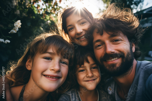 Portrait selfie of family with father and children in park or garden with sun backlight - theme family and happiness