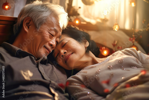 Love lives forever. Senior asian couple at home. Handsome elderly man and attractive old woman are enjoying spending time together while lying in bed.