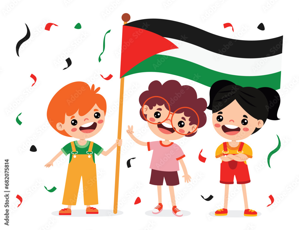 Cartoon Children With Palestine Flag - obrazy, fototapety, plakaty 