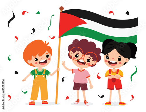 Cartoon Children With Palestine Flag