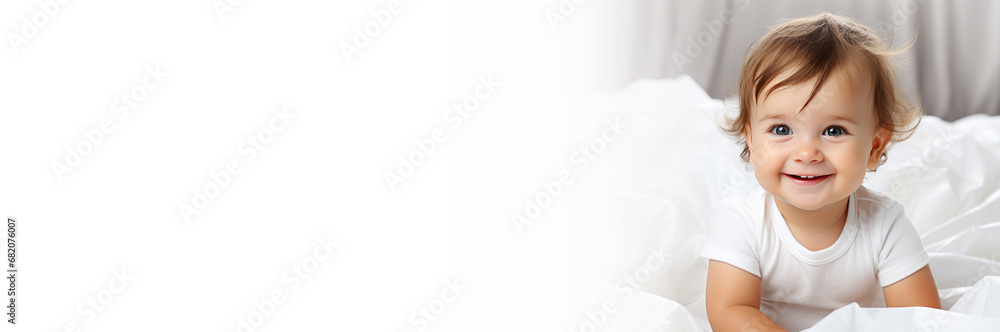 Portrait of a happy baby on the bed. Banner. Copy space for text Portrait of a happy baby on the bed. Banner. Copy space for text