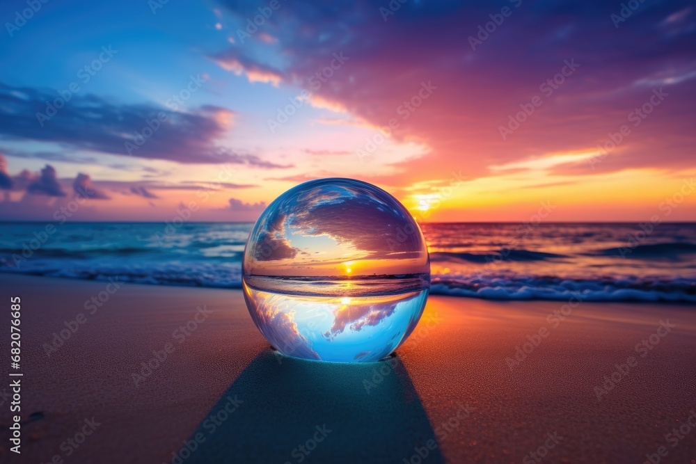 blue bubble on sand with sun light flare background. Blue Monday concept and copy space, generative ai - obrazy, fototapety, plakaty 