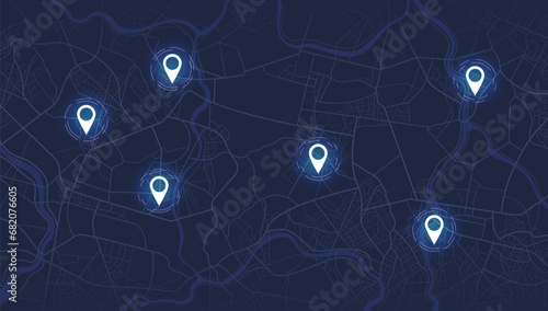 Futuristic travel gps map or location navigator vector illustration. Multiple destinations. Gps tracking map. Track navigation pins on street maps, navigate mapping technology and locate position pin.