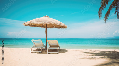 Sun loungers and a beach umbrella on a tropical beach with white sand and azure sea on a sunny day © Veniamin Kraskov