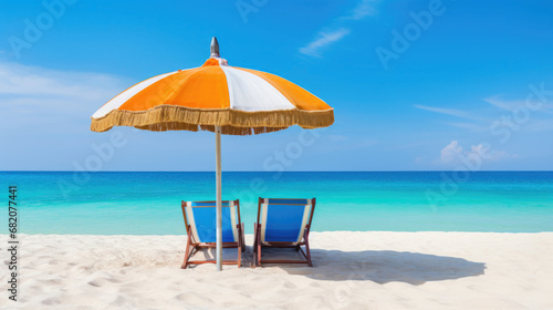 Sun loungers and a beach umbrella on a tropical beach with white sand and azure sea on a sunny day © Venka