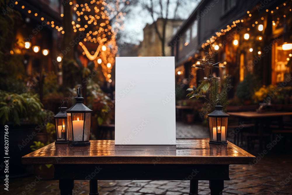 Blank white poster on wooden table in cafe at night, mock up, defocused lights background Blank white poster on wooden table in cafe at night, mock up, defocused lights background