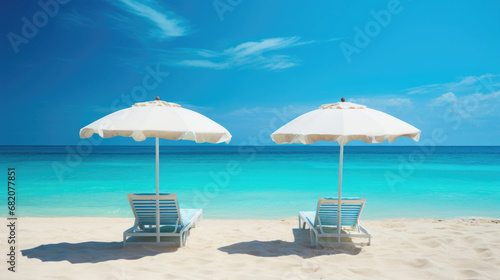 Sun loungers and a beach umbrella on a tropical beach with white sand and azure sea on a sunny day