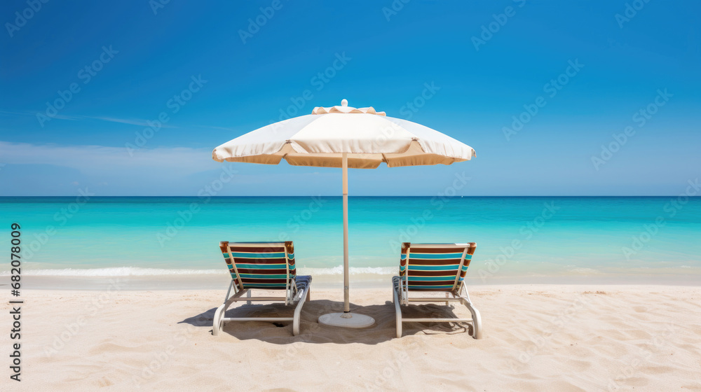 Sun loungers and a beach umbrella on a tropical beach with white sand and azure sea on a sunny day