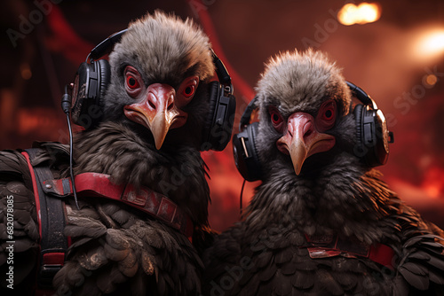 Two black vultures with headphones on their heads. Dark background. photo