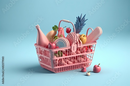 delivery online buyng Food background blue food pink basket shopping Pink photo