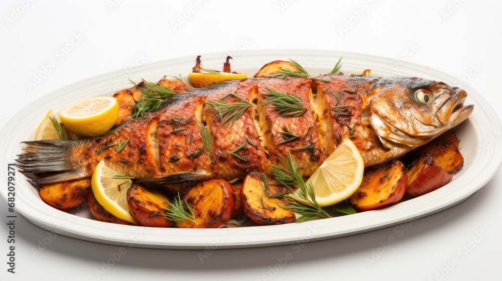 The red Tilapia fish, isolated on a white plate, is the centerpiece of a delectable meal. It is baked or roasted to perfection, accompanied by blackened vegetables for a burst of flavor, and served The red Tilapia fish, isolated on a white plate, is the centerpiece of a delectable meal. It is baked or roasted to perfection, accompanied by blackened vegetables for a burst of flavor, and served