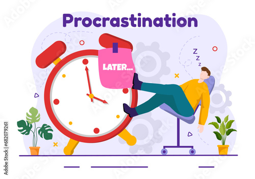 Procrastination Vector Illustration with Procrastinating Lazy Businessman Employees work of office worker in Flat Business Cartoon Background