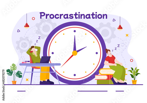 Procrastination Vector Illustration with Procrastinating Lazy Businessman Employees work of office worker in Flat Business Cartoon Background