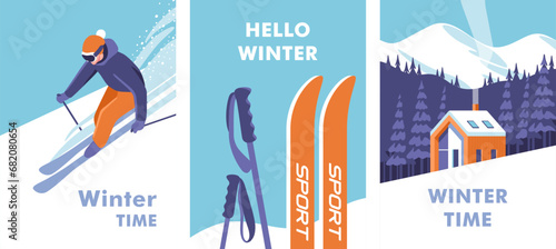 Active winter holidays. Concept of vacation and travel. Skiing downhill. Skier on the piste. Skis and poles in the snow. Winter landscape with house. Vector illustration.