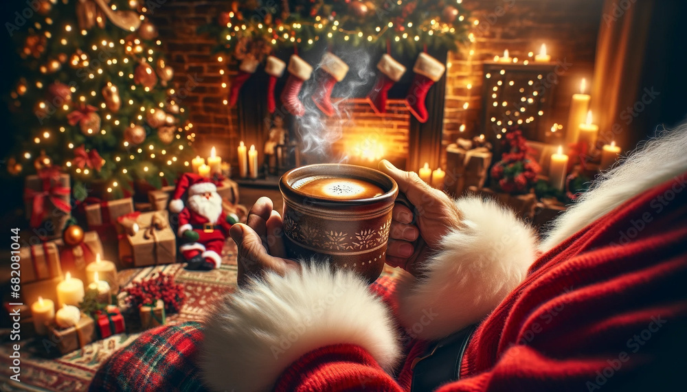 A cozy and festive scene capturing the holiday spirit with Santa Claus, hands only, holding a cup of steaming coffee - Generative AI