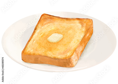 朝食の定番パン。バターが乗ったリアルなトースト1枚のイラスト(皿付き)