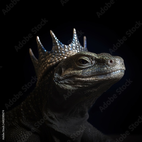 Portrait of a majestic Monitor lizard with a crown