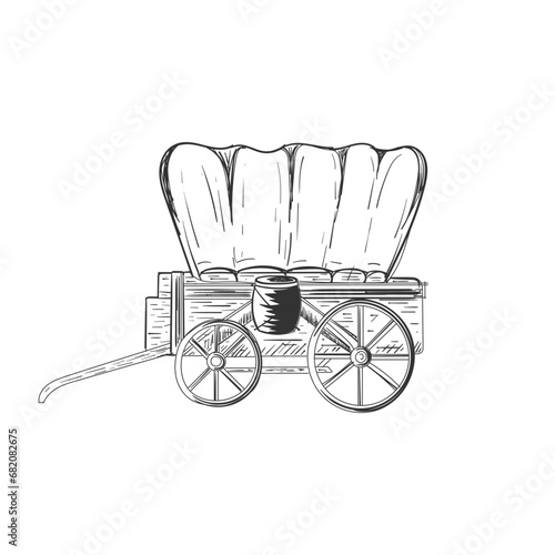 Hand Drawn Sketch of Texas Cowboy Cart Covered Wagon Western Illustration