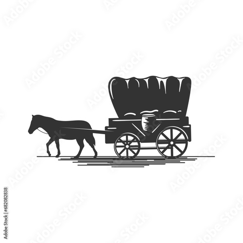 Retro Silhouette of Texas Cowboy Cart Covered Wagon Western with Horse Illustration