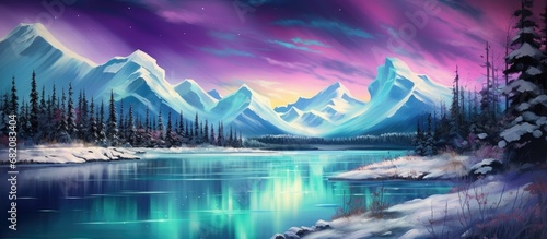 In the depths of the winter landscape, the borealis danced across the sky, painting it with the ethereal colors of aurora, mirroring its beauty in the still waters. The snow-covered forest stood tall © 2rogan