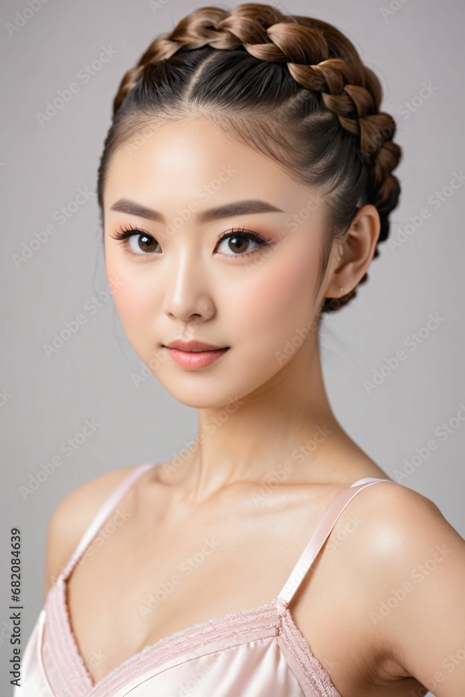 Portrait of beautiful japanese women with french braid wearing ballet dress, simple studio background Portrait of beautiful japanese women with french braid wearing ballet dress, simple studio background