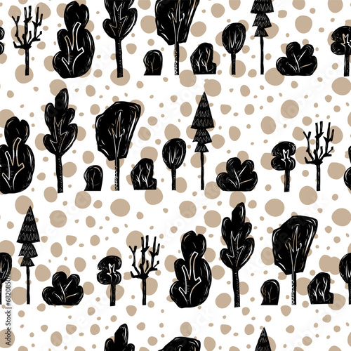 Trees and bushes hand carved linocut seamless pattern on white background with abstract dots in autumn colors. Collection of folk art style woodland clip art.