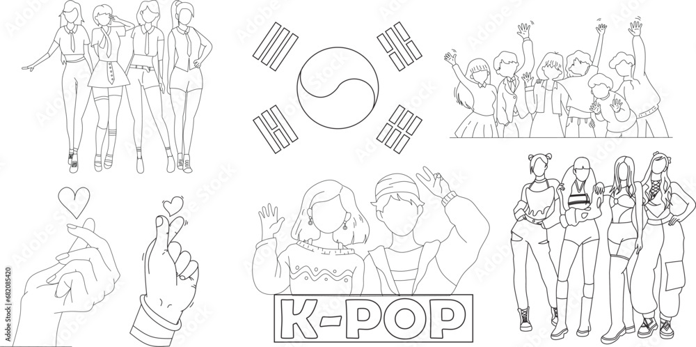 collection of Kpop fashion stage vector illustrations. Korean idol group performance. K-pop female fashion idol. the female singer who was singing was wearing beautiful clothes. beautiful female model - obrazy, fototapety, plakaty 