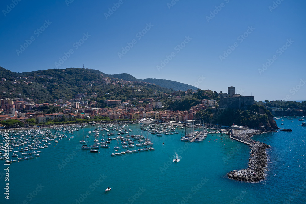 Beautiful aerial view of the coastal Italian city of Lerici. Yachts and boats. Aerial view of Lerici Castle. Italian resorts on the Ligurian coast aerial view.