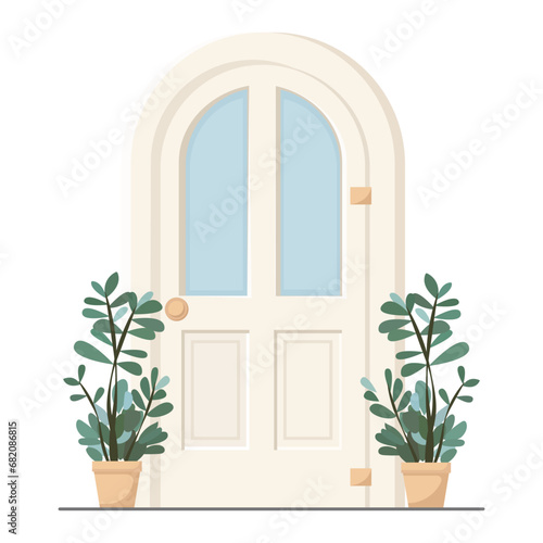 White front door with two pots with plants. Cartoon house illustration