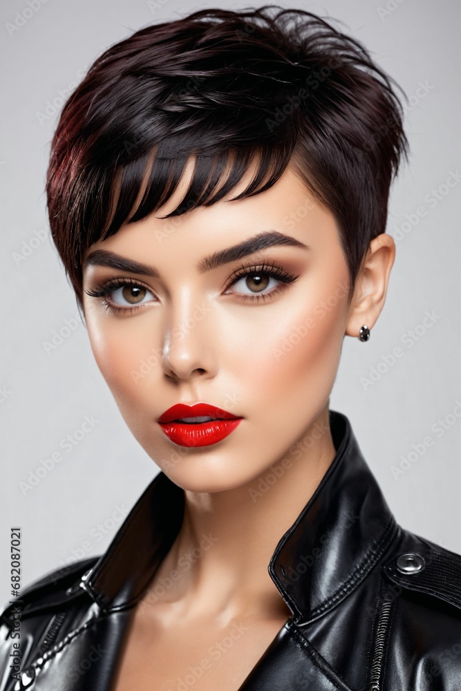 Portrait of beautiful women with pixie cut wearing black leather moto jacket, with white background Portrait of beautiful women with pixie cut wearing black leather moto jacket, with white background