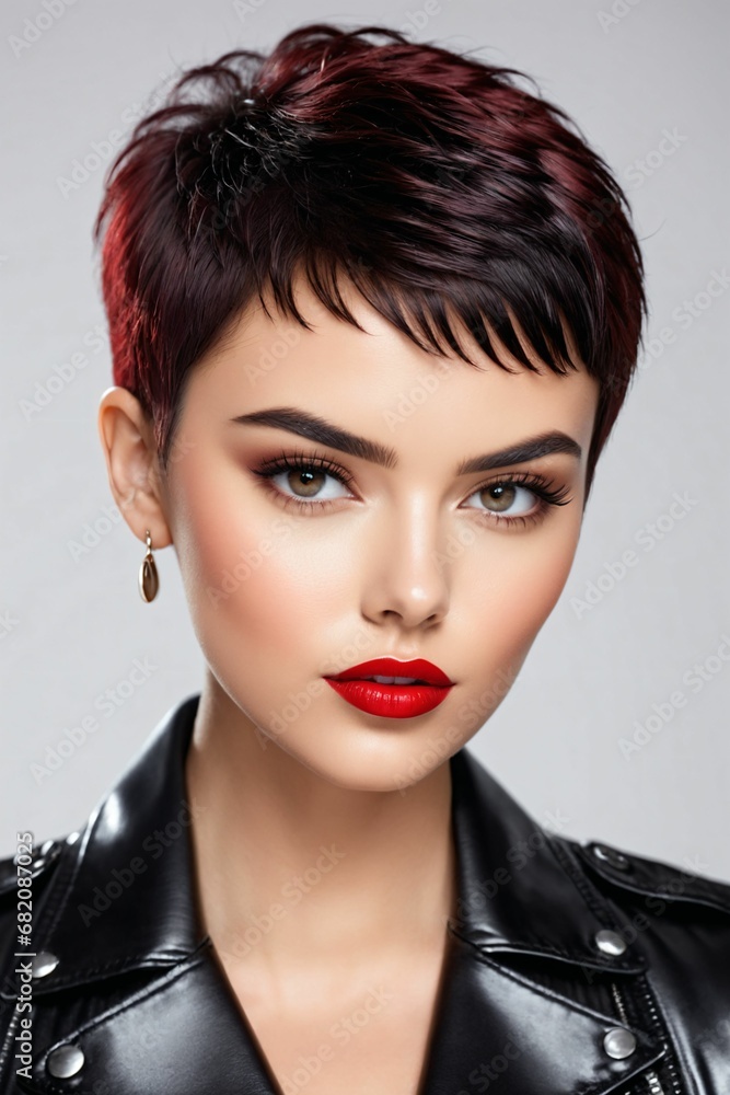 Portrait of beautiful women with pixie cut wearing black leather moto jacket, with white background Portrait of beautiful women with pixie cut wearing black leather moto jacket, with white background