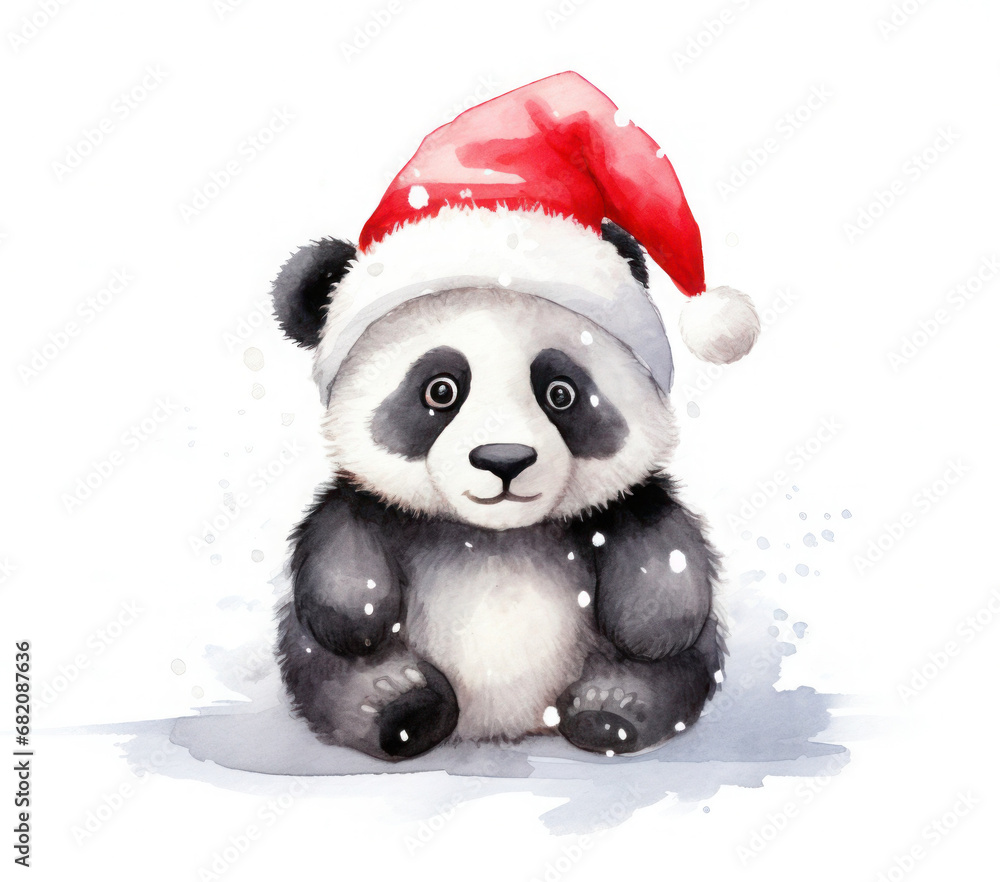Watercolor panda with santa hat isolated on white background Watercolor panda with santa hat isolated on white background