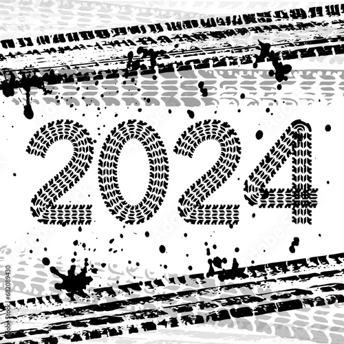 2024 new year card with tire wheel marks of cars. Vector illustration