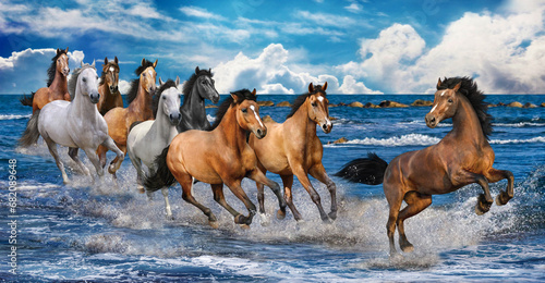 Nine auspicious horses galloped in the desert dust and blue sky.