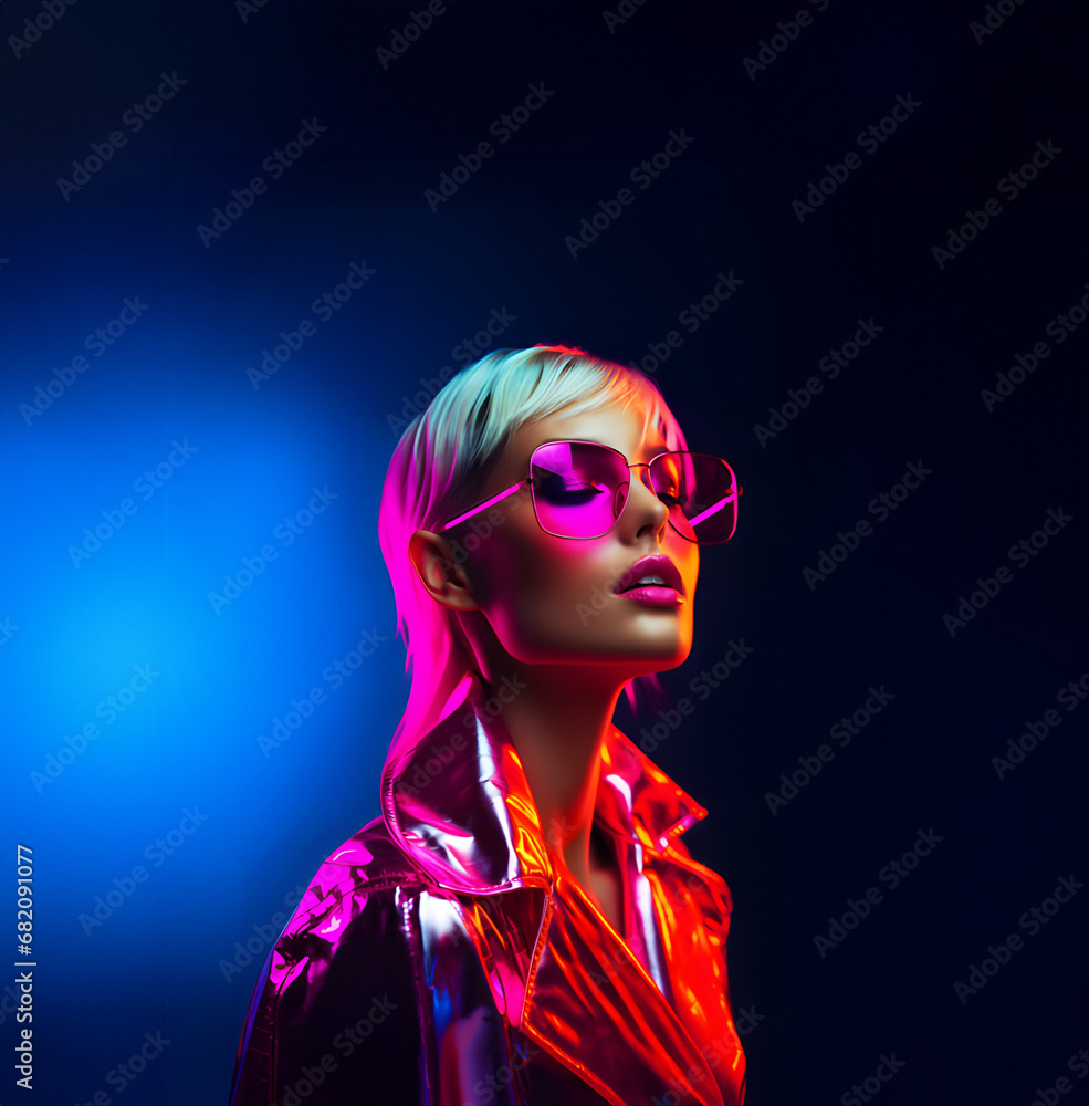 Portrait of a woman with sunglasses in dark lights, neon retro futuristic fashion model.