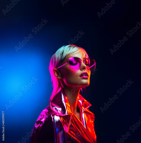Portrait of a woman with sunglasses in dark lights, neon retro futuristic fashion model. © Maja 