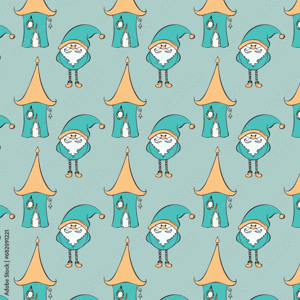Pattern with fairytale fantasy gnomes and houses, hand-drawn doodle sketches, blue colors. Vector illustration
