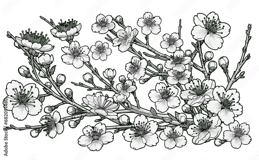 桜の枝と満開な桜と花びらのさくらの花のイラスト。日本の伝統的な春の花のベクターイラスト。