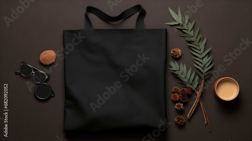 Blank black tote mockup, flay lay, set photography, random scene, no text or logo