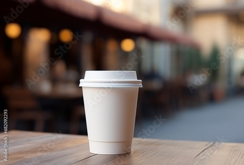 mock up blank white coffee cup with white lid, cafe table background. AI Generated Images