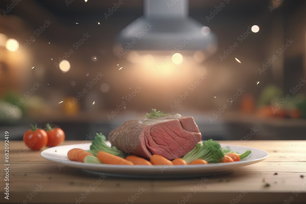 Plate of beef commercial shoot in wooden tabletop, kitchen Background Plate of beef commercial shoot in wooden tabletop, kitchen Background
