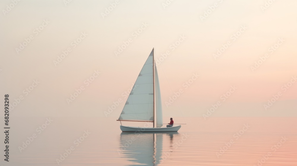 A solitary sailor glides on a calm sea at dawn, the pastel hues reflecting the serenity of a life navigated by stoic wisdom