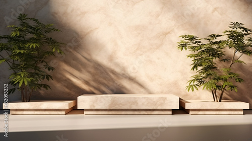 Three beige marble platforms © Johnu